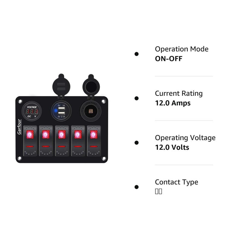 Garfour Red 5 Gang Marine Switch Panel - Waterproof Boat Switch Panel with 3.1A Dual USB, LED Voltmeter & Cigarette Lighter Socket for Boats, Trucks, RVs, SUVs - Image 5